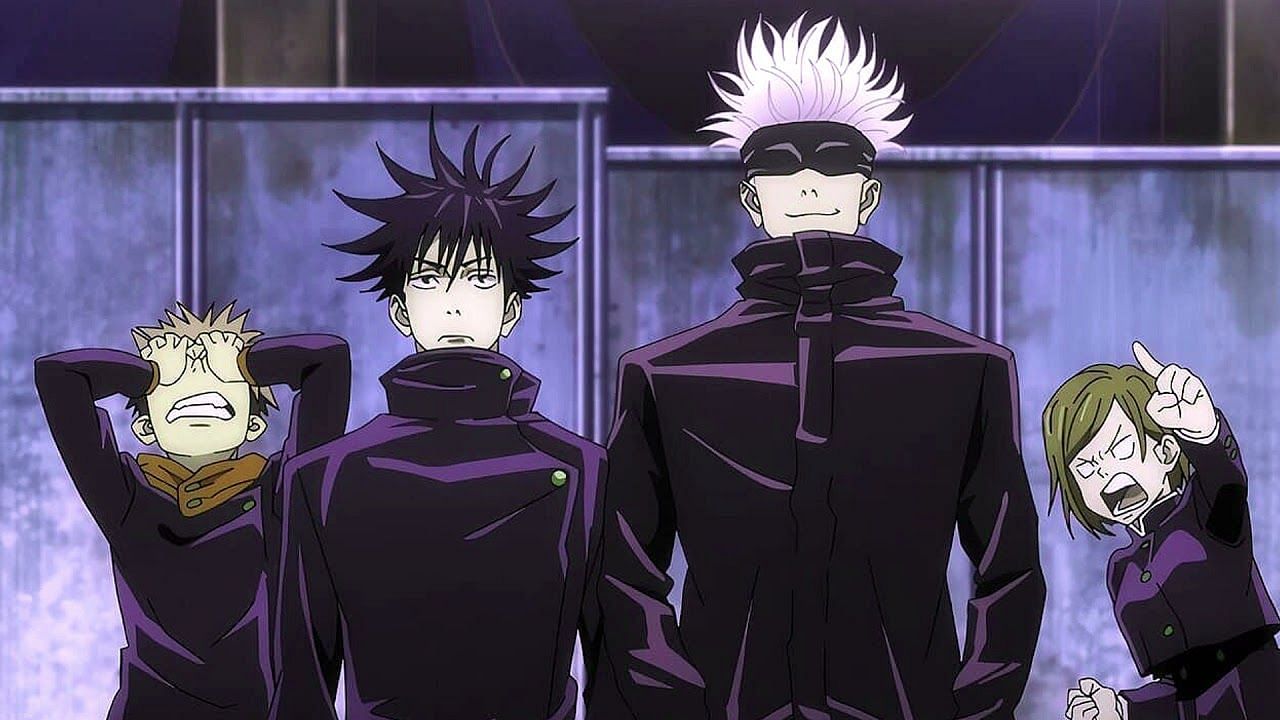 Satoru Gojo along with Yuji Itadori, Megumi Fushiguro and Kugisaki Nobara as seen in Jujutsu Kaisen(image via MAPPA)