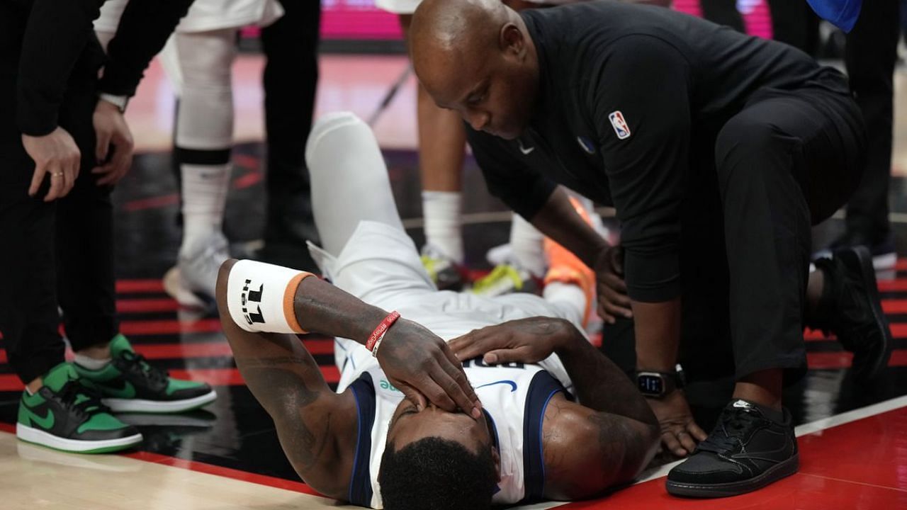 Kyrie Irving suffered an injury in the second quarter of the game between the Dallas Mavericks and Portland Trail Blazers.