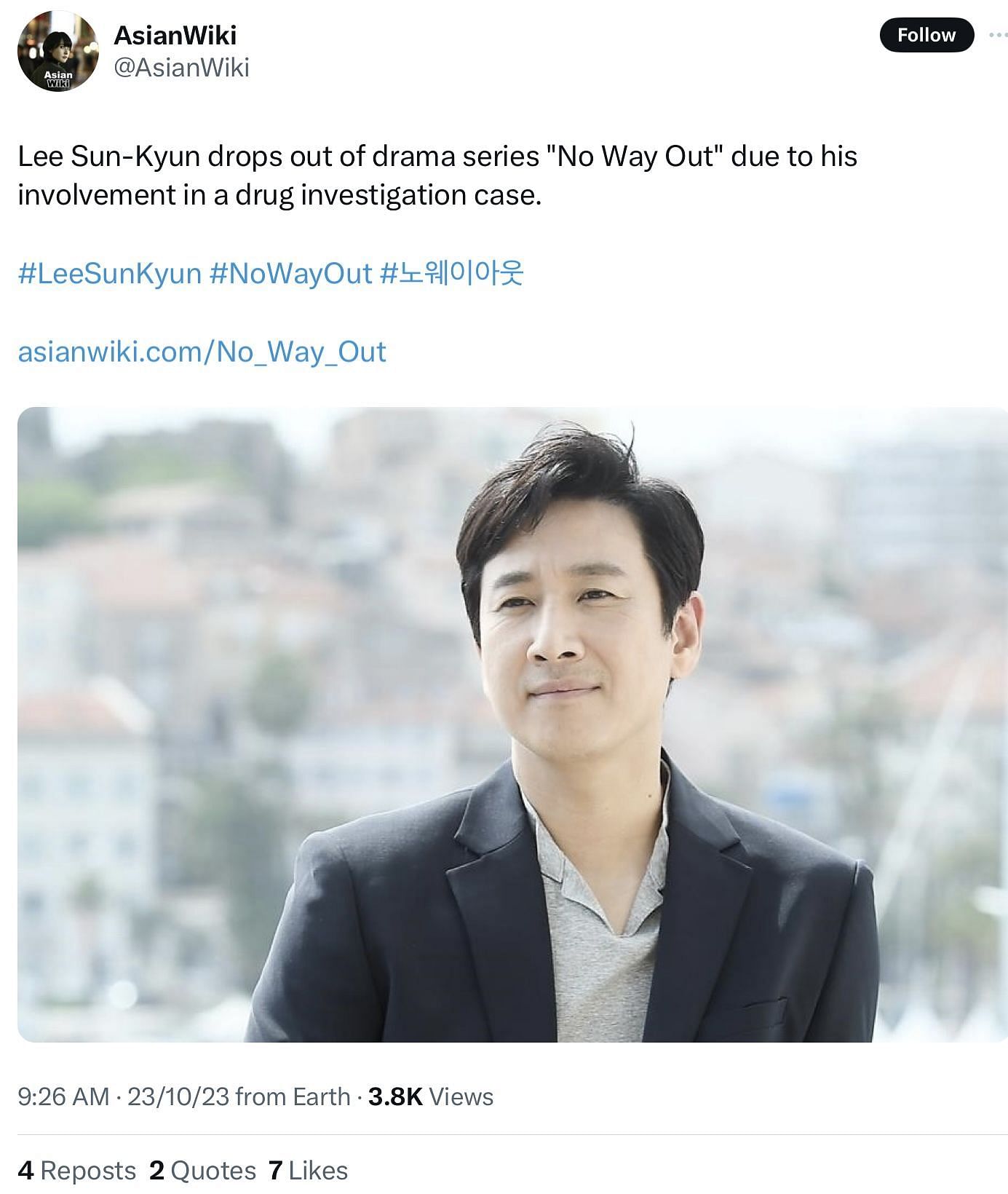 Lee Sun-kyun steps down from No Way Out following drug allegations (Image via @AsianWiki/X)