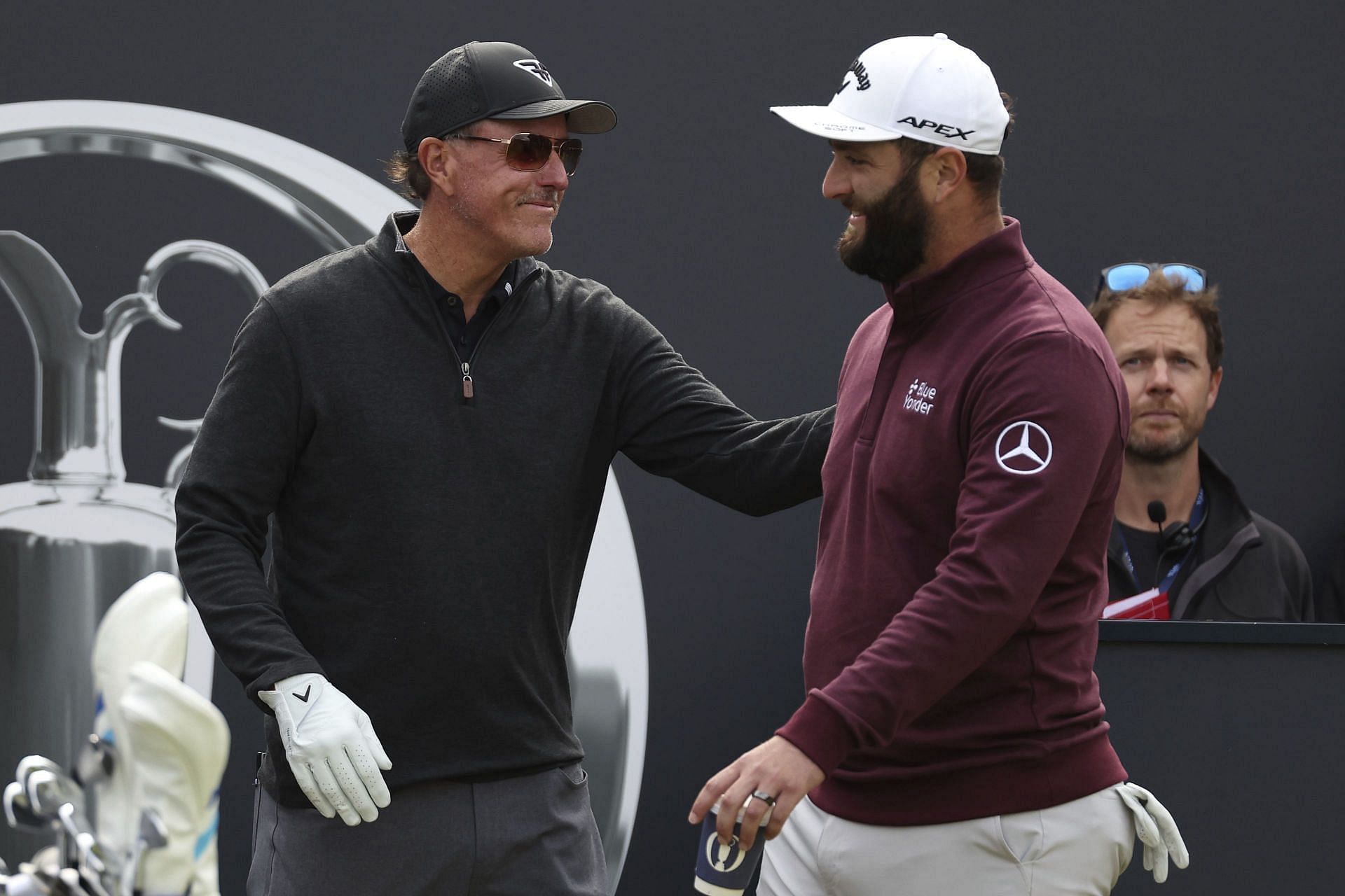 Jon Rahm with Phil Mickelson during the 2023 Open Championship practice round