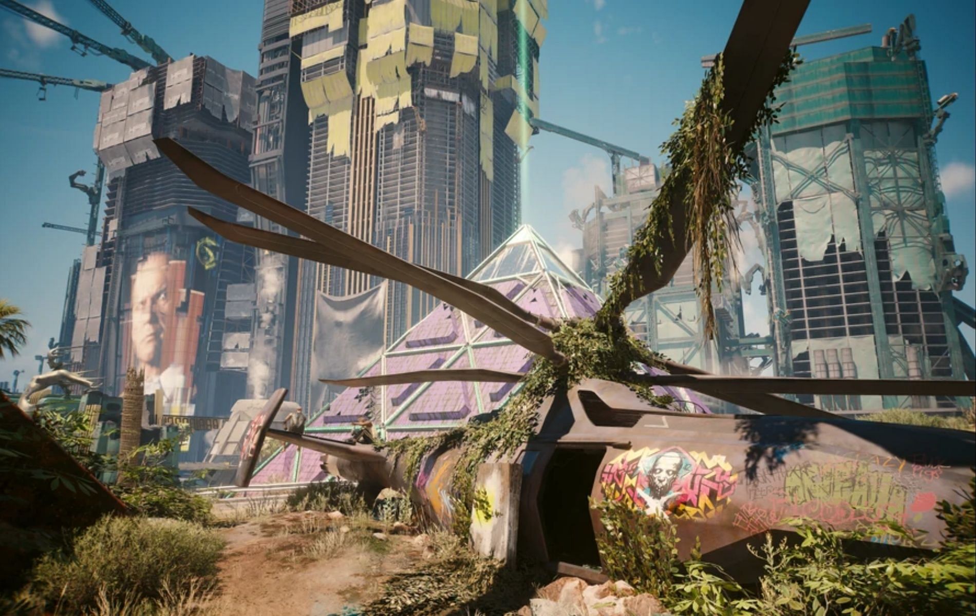 Search for the destroyed chopper with vegetation growing on it. (Image via CDPR)