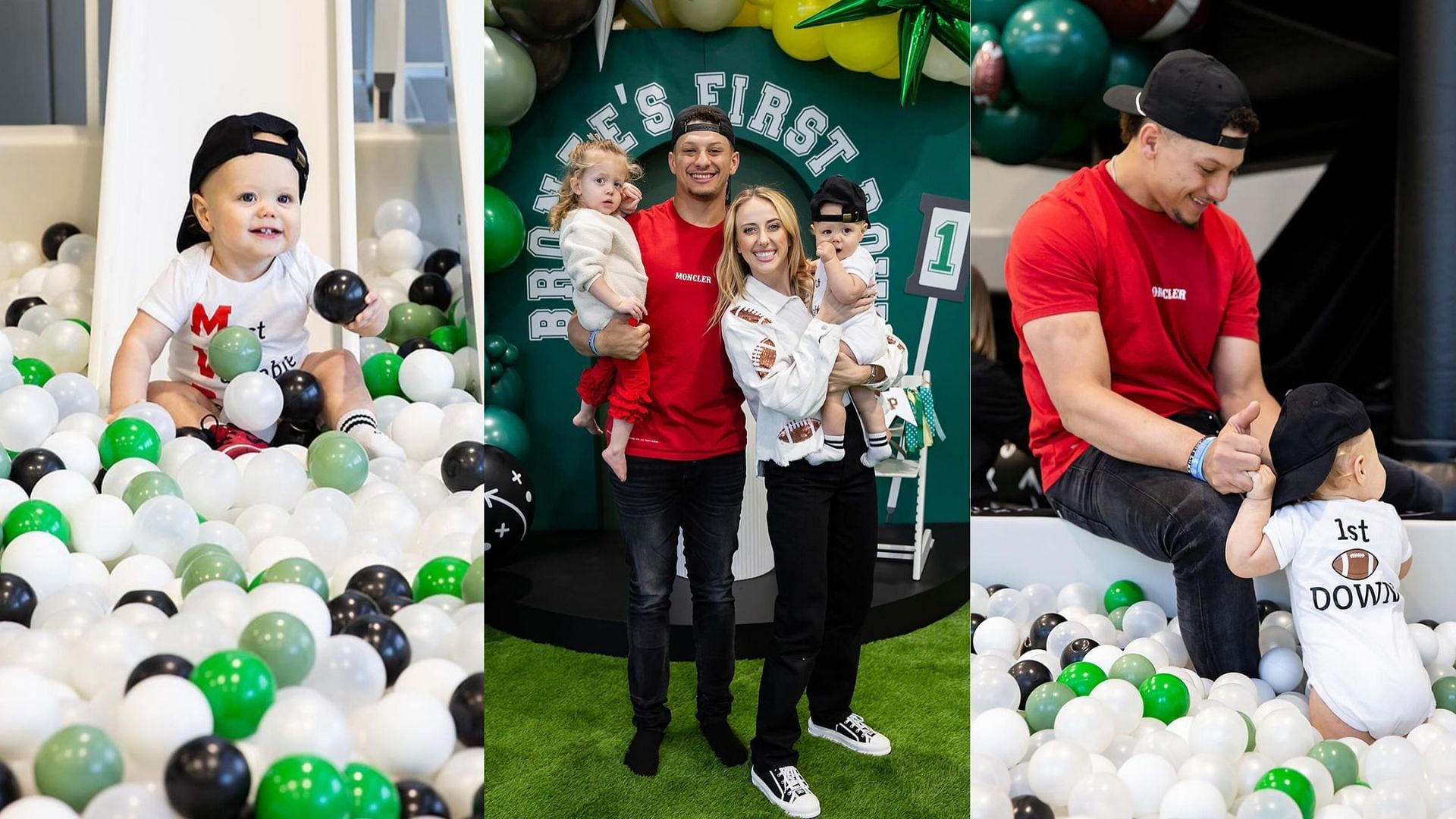 Brittany and Patrick Mahomes pose with Sterling and Bronze on the latter&#039;s first birthday