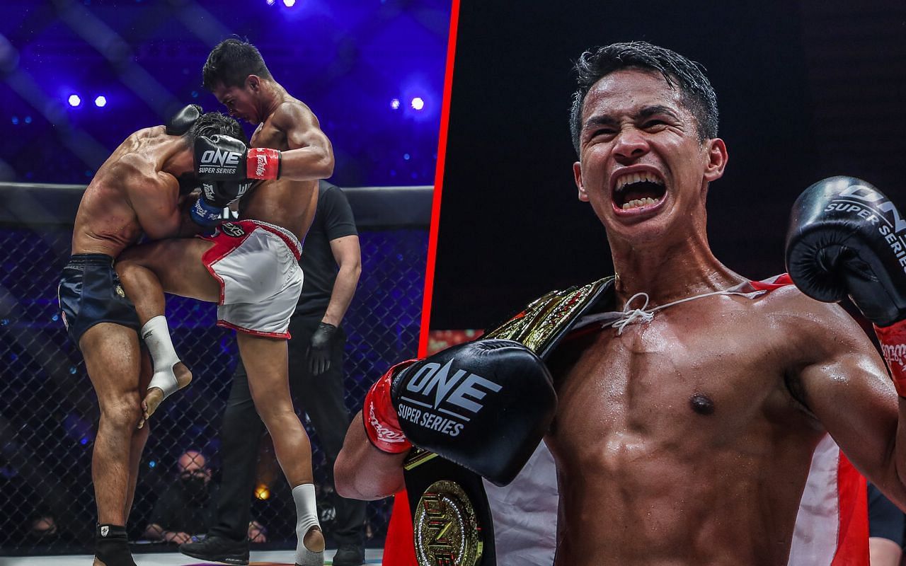 Superbon fighting Marat Grigorian (left) and Superbon holding his world title (right) | Image credit: ONE Championship