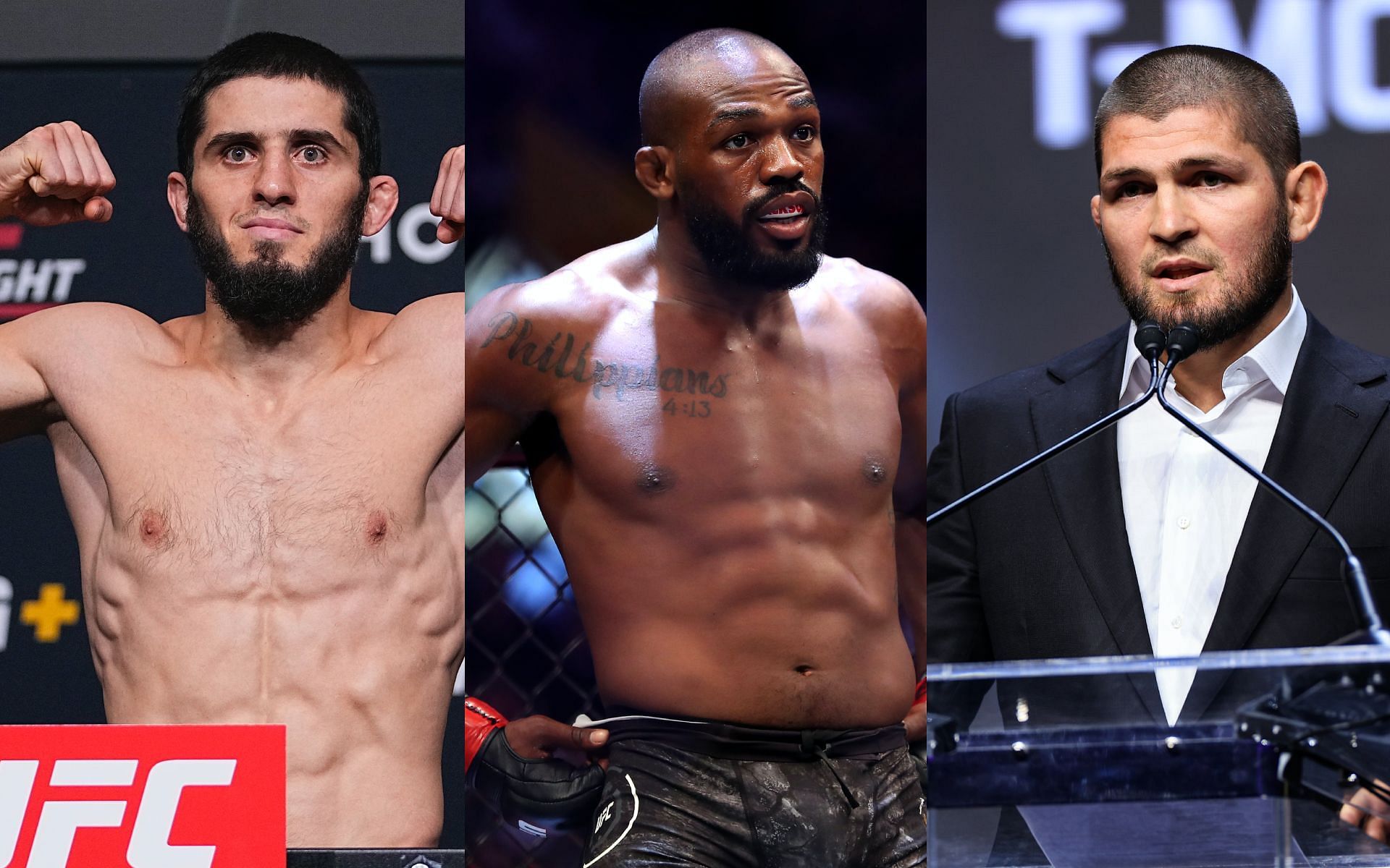 Jon Jones [middle] a better option for submission finishes than Khabib Nurmagomedov [right] and Islam Makhachev [left] [Image via: Getty Images] 
