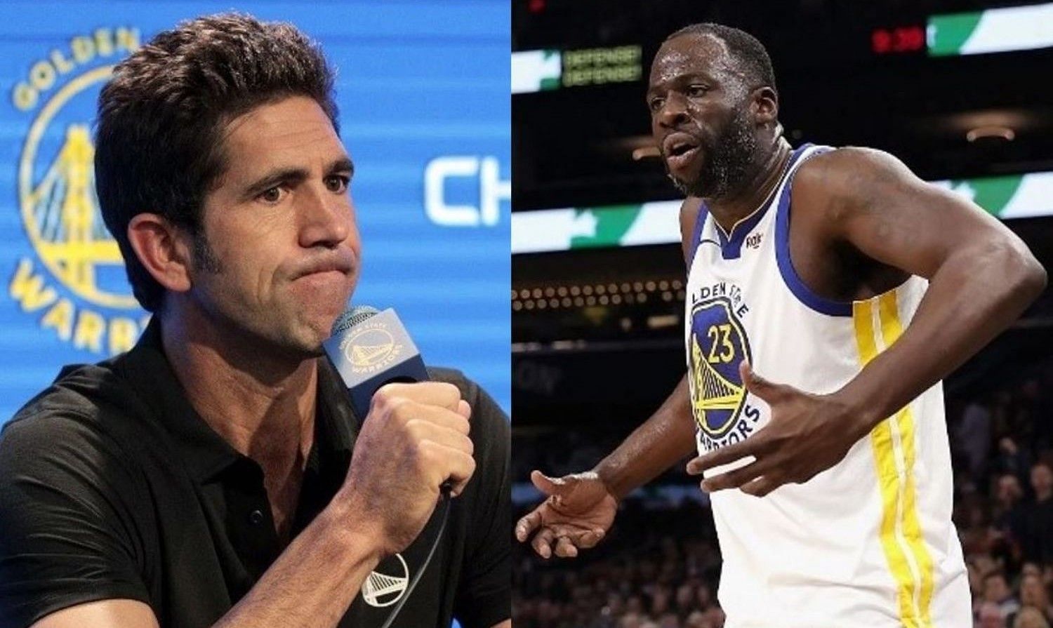 Former Golden State Warriors GM Bob Myers (L) supports the NBA