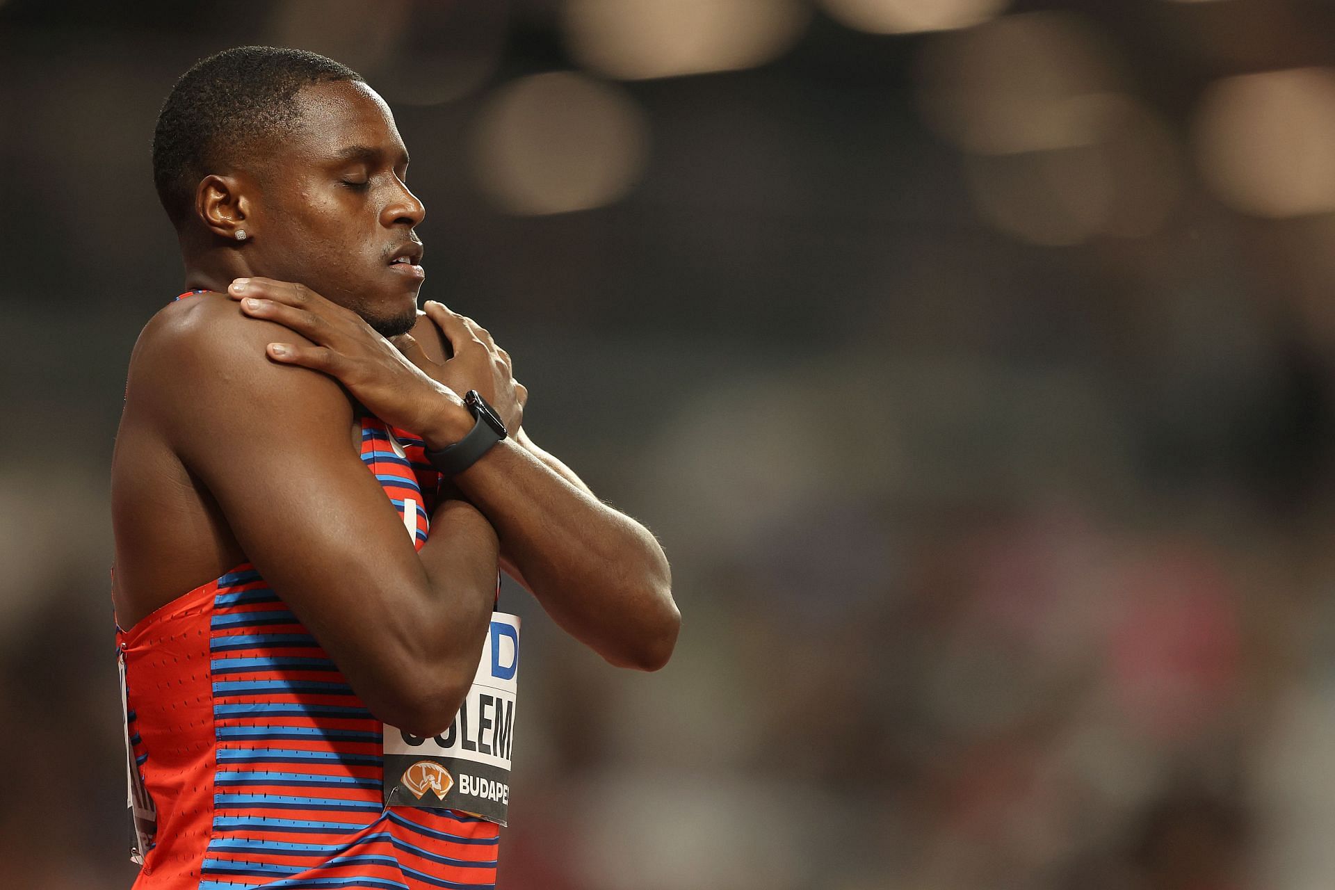 Christian Coleman of Team United State ahead of competing in Heat of Men&#039;s 100m Qualification during the World Athletics Championships 2023 at National Athletics Centre in Budapest, Hungary.