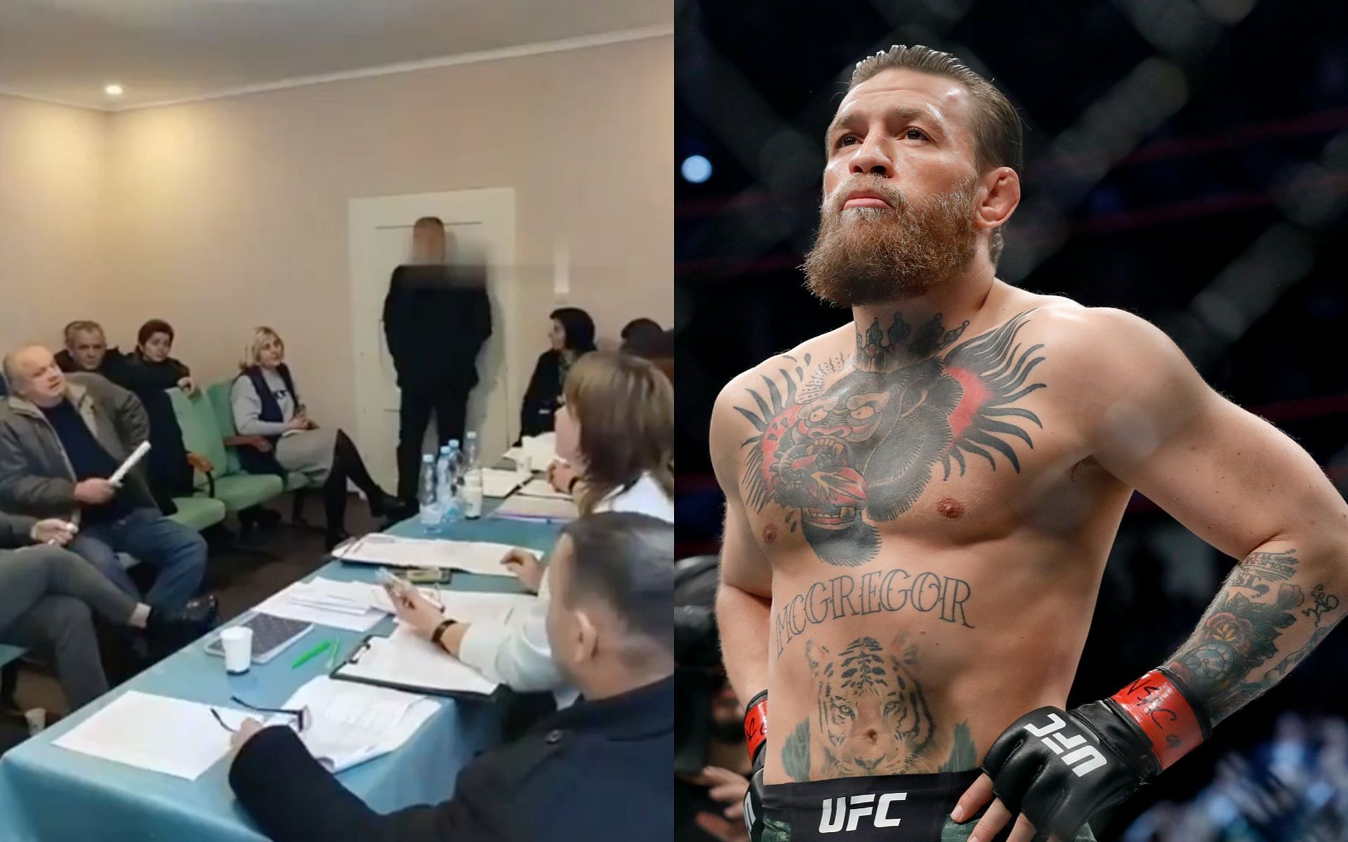 Screenshot of incident (left) and Conor Mcgregor (right) [Image via: Getty Images and @vynts_tv on X] 
