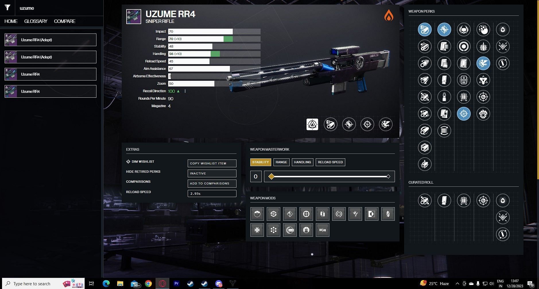 Uzume RR4 Sniper Rifle god roll in Destiny 2 (Image via D2Gunsmith)