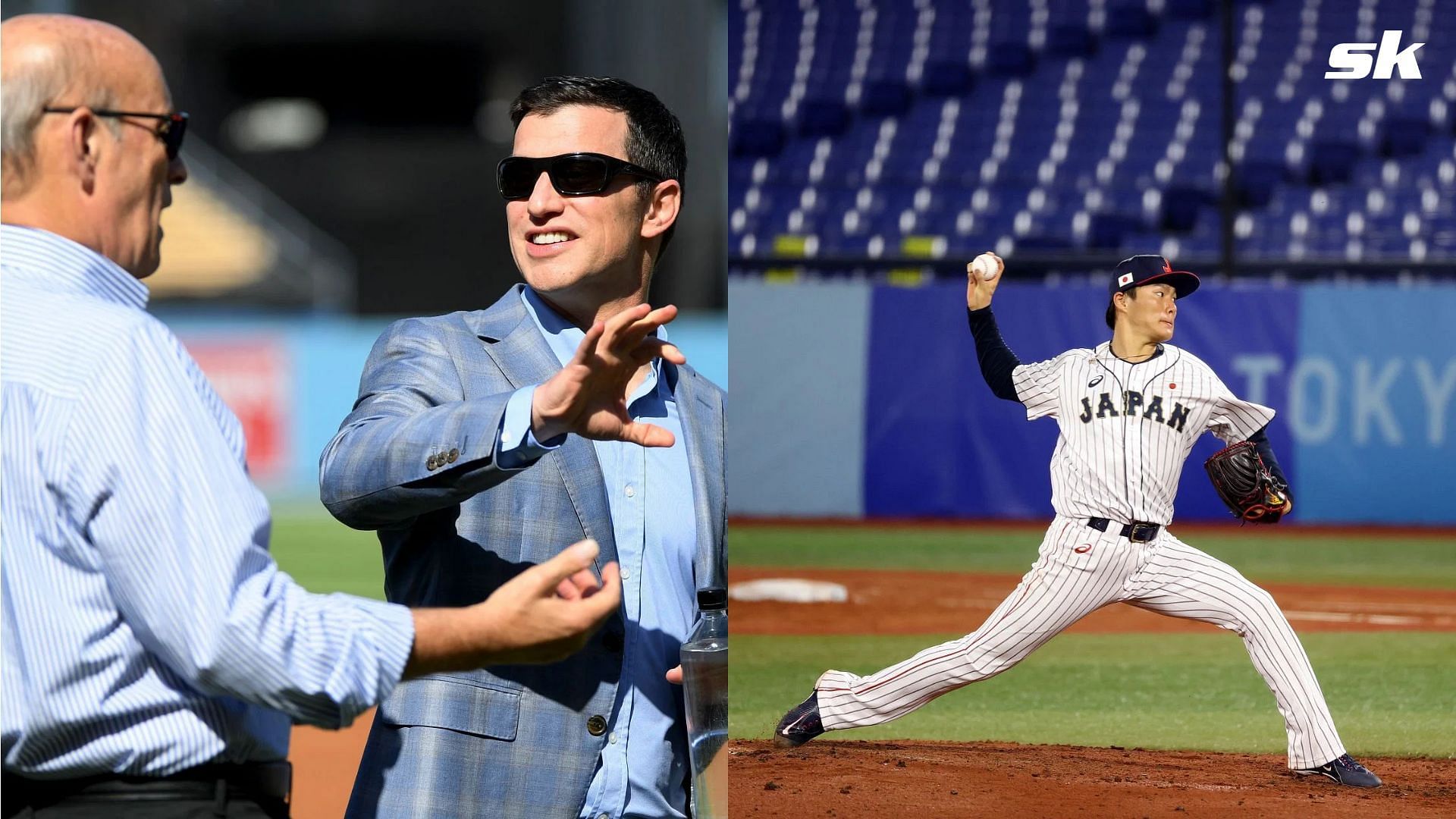 Dodgers President Stan Kasten, President of Baseball Ops Andrew Frieman, and Yoshinobu Yamamoto