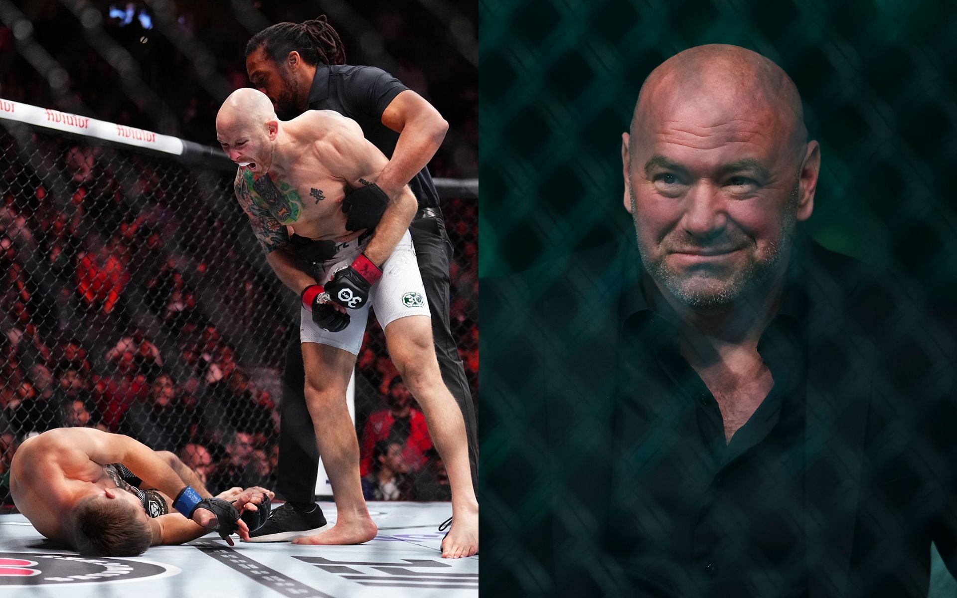 Josh Emmett vs. Bryce Mitchell (left), Dana White (right) [Image credits: @ufc via Instagram, Getty Images]