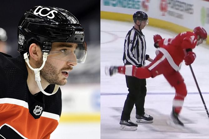 VIDEO: Red Wings' Shayne Gostisbehere gets penalized for his hilarious dive impression in front of referee