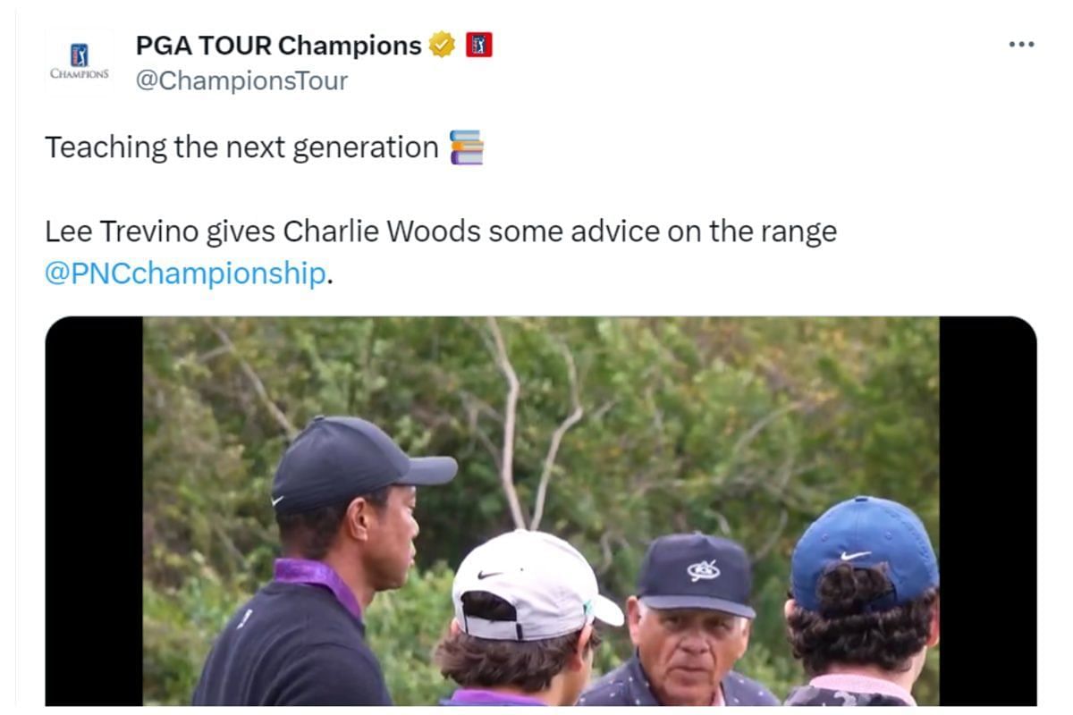 Lee Trevino teaching golf shot to Charlie Woods (Image via X/ @ChampionsTour)