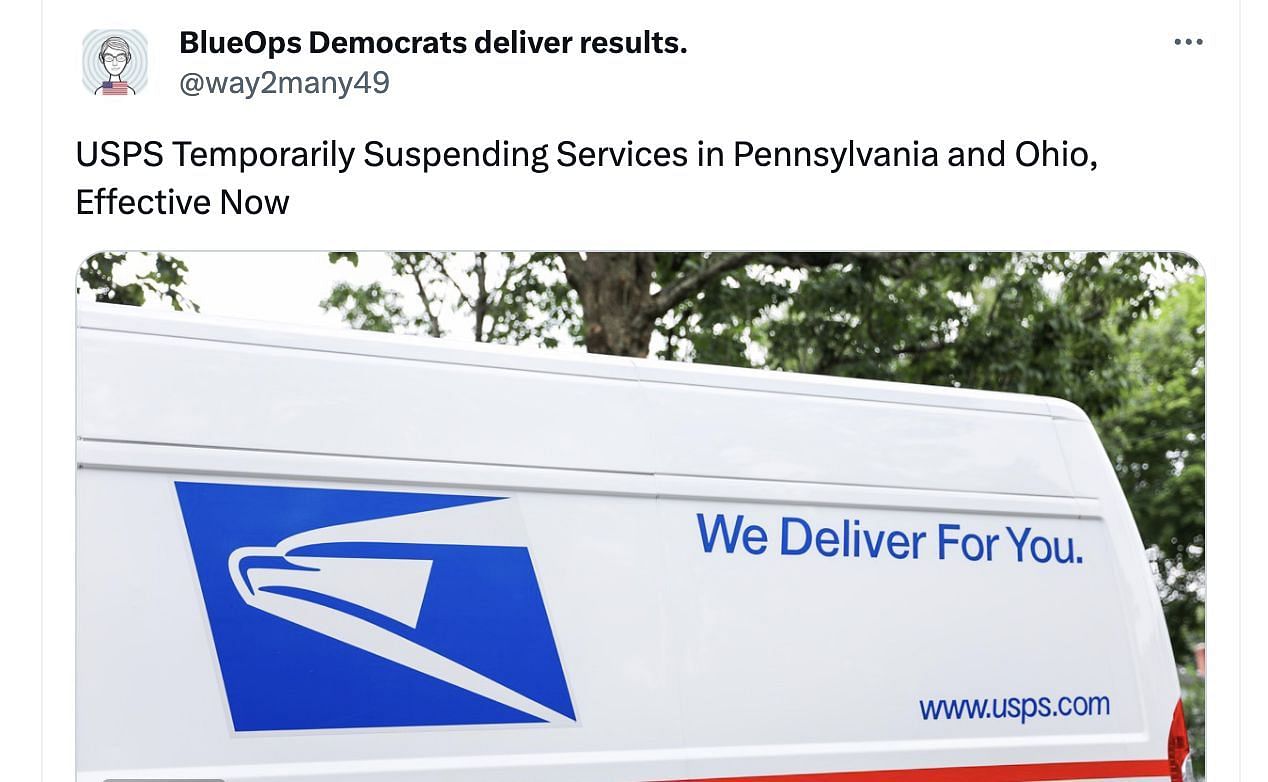 Fake news debunked as U.S. Postal Service has not suspended its services in 2 US states. (Image via X)