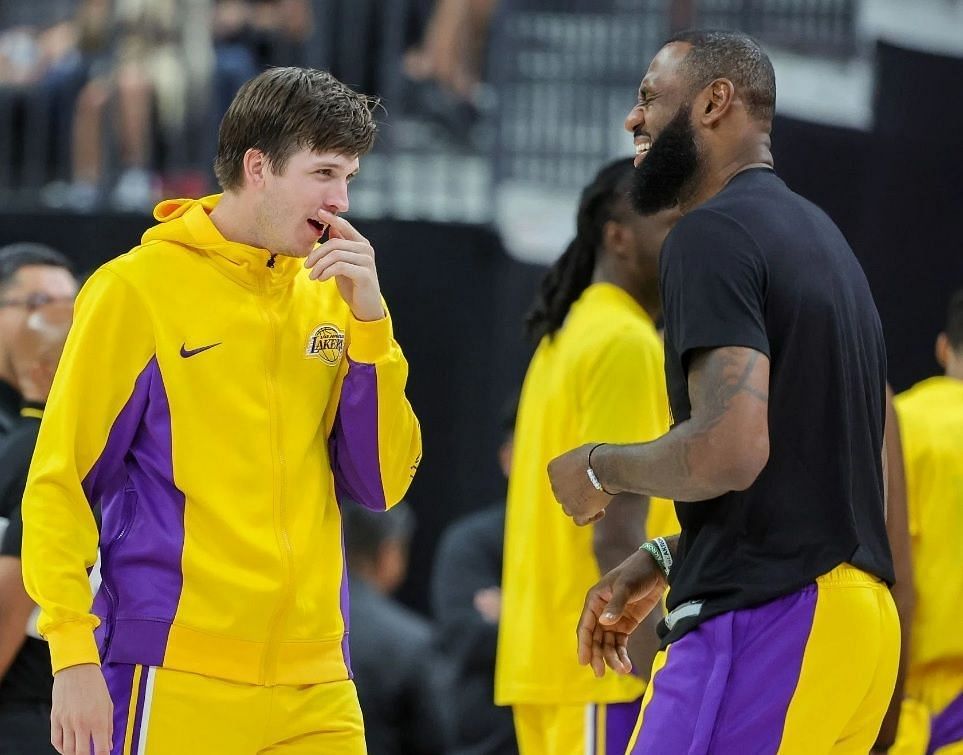 Austin Reaves and LeBron James had a light moment late in the third quarter of the LA Lakers game against the San Antonio Spurs on Wednesday.