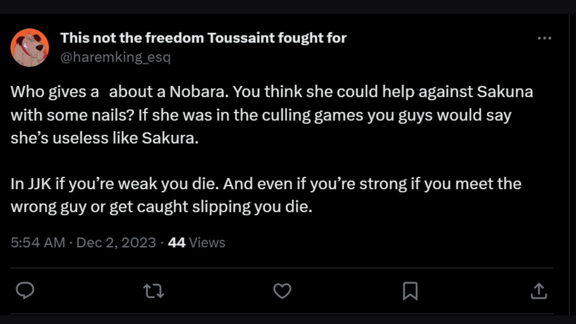 X user gives their opinion on Nobara and Sakura (Image via X/@haremking_esq)