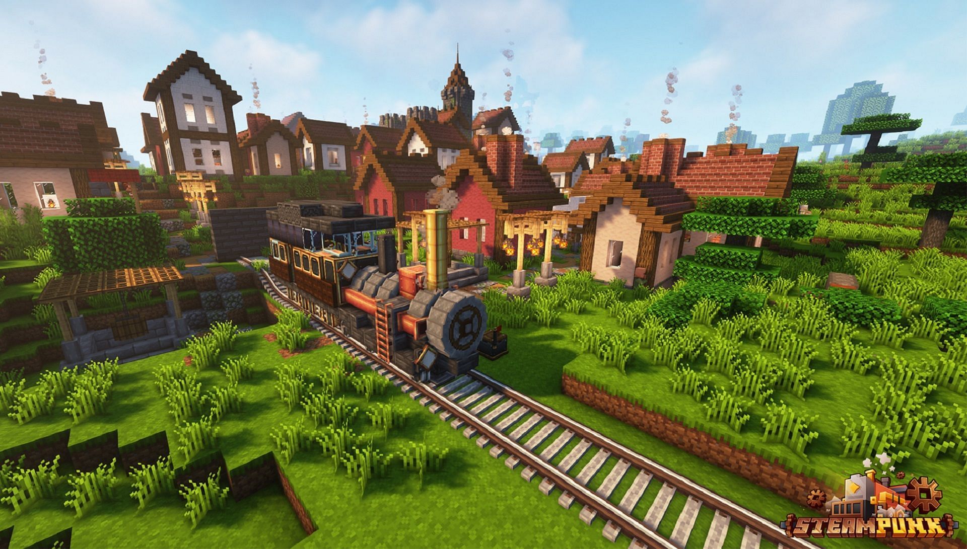 SteamPunk uses many of the same Minecraft mods in Dreamcraft but in a world of cogs, gears, and machinery (Image via SHXRKIE/CurseForge)