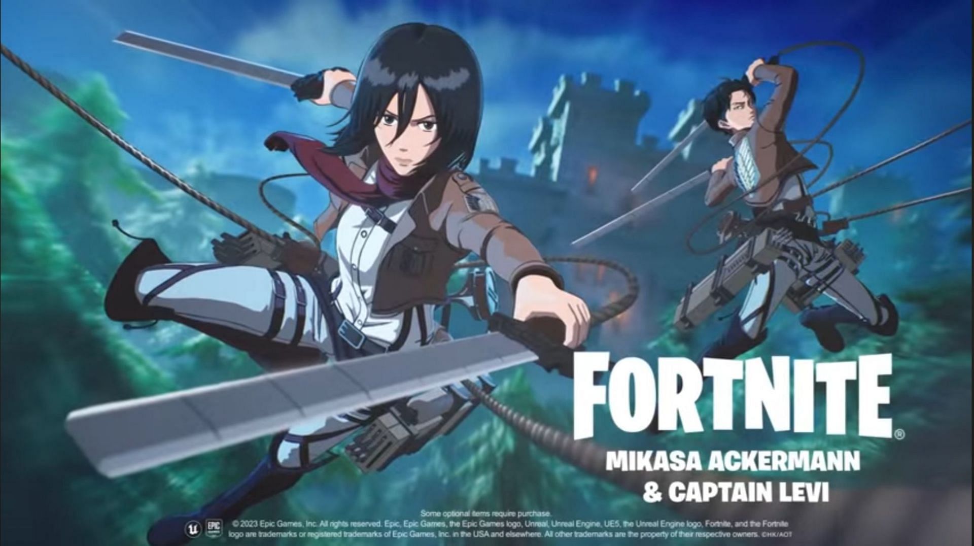 Mikasa and Levi&#039;s in-game skins (Image via Epic Games)