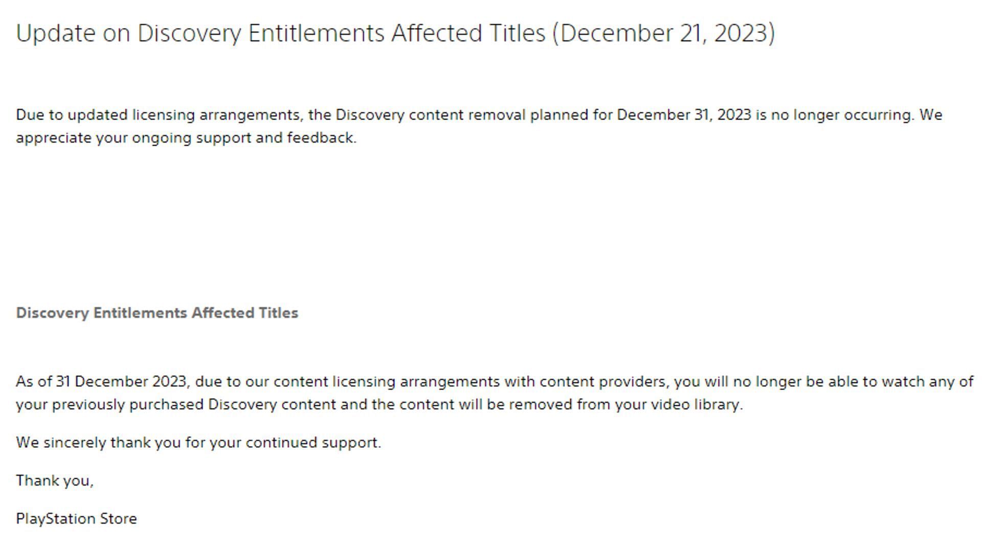 Official statement regarding Discovery TV on PlayStation&#039;s website (Image via PS)