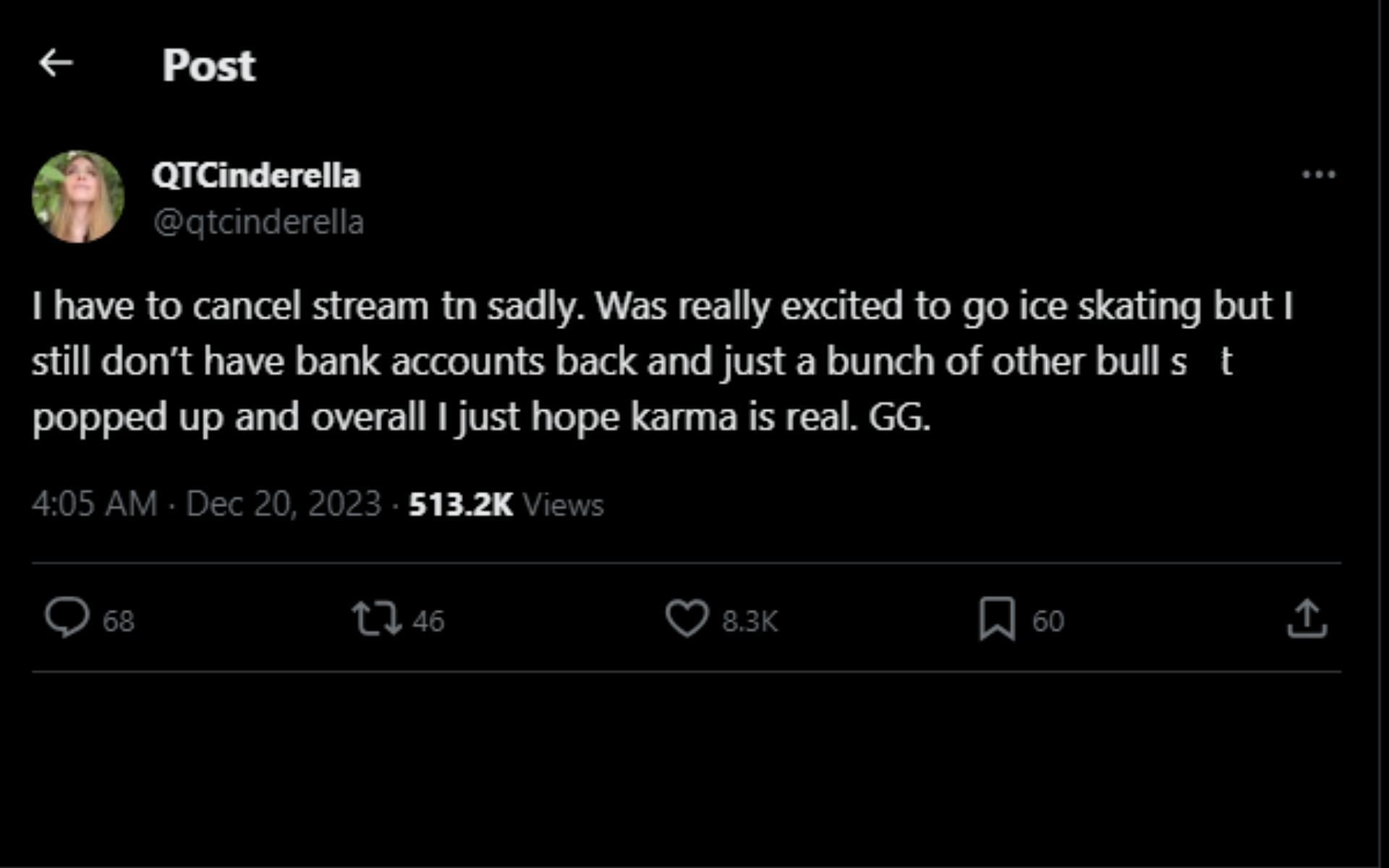 QTCinderella cancels stream (Image via X/@qtcinderella)