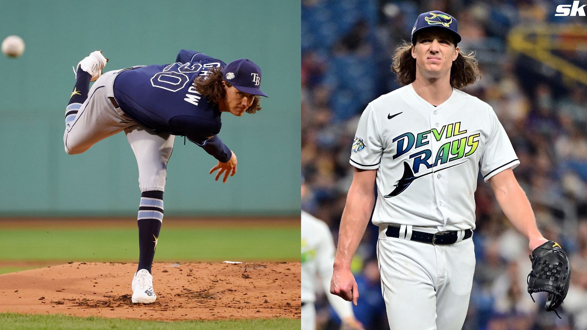 Tyler Glasnow of the Tampa Bay Rays reacts against the Texas Rangers during Game One of the Wild Card Series at Tropicana Field