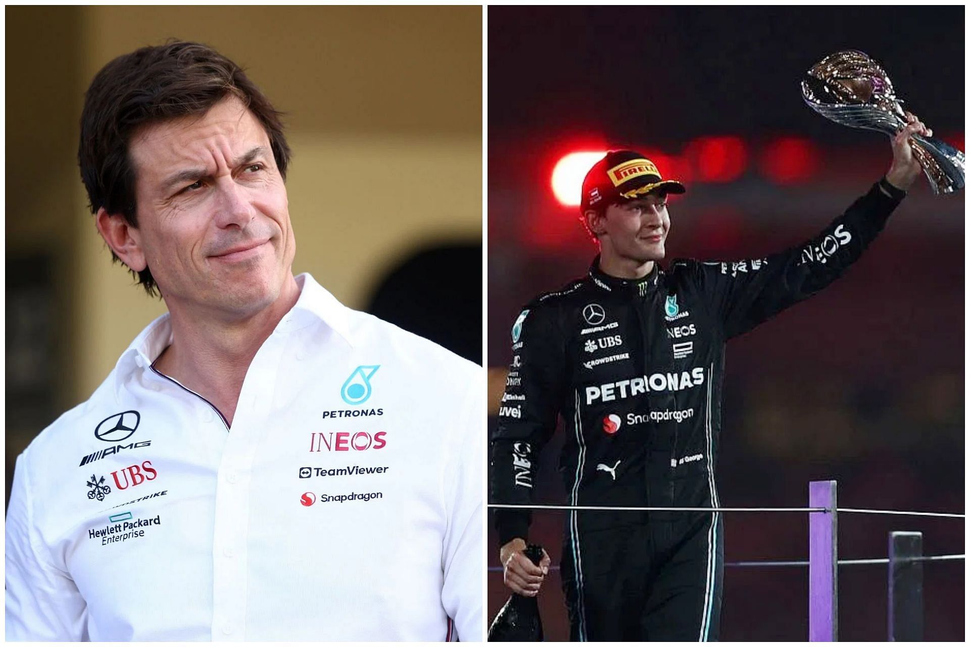 Toto Wolff (L) and third-placed George Russell at the 2023 F1 Abu Dhabi Grand Prix (R) (Collage via Sportskeeda)