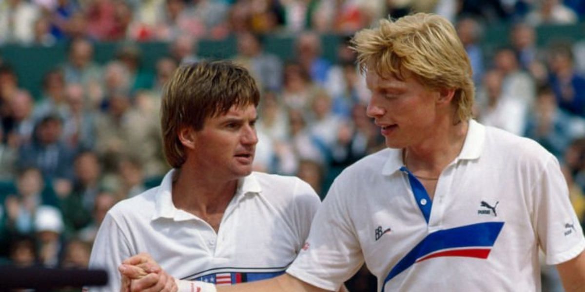 Jimmy Connors and Boris Becker after their 1987 Roland Garros encounter