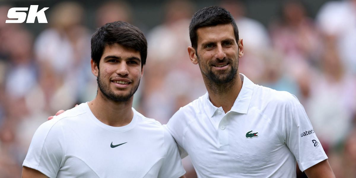 Carlos Alcaraz hugs Novak Djokovic at the net after defeating him in Riyadh Season Tennis Cup