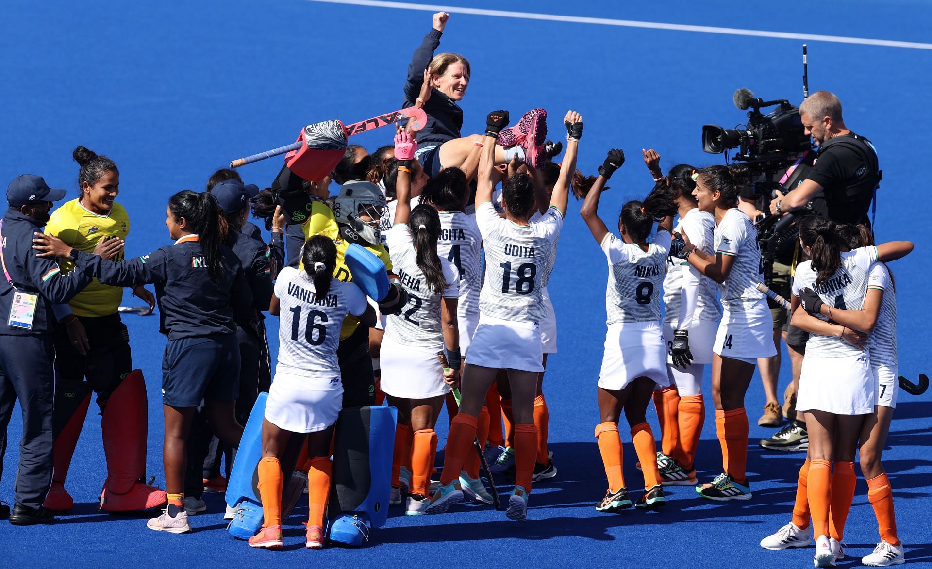 Indian Women&#039;s Hockey Team&#039;s celebartes their win on the 10th day of the Commonwealth Games