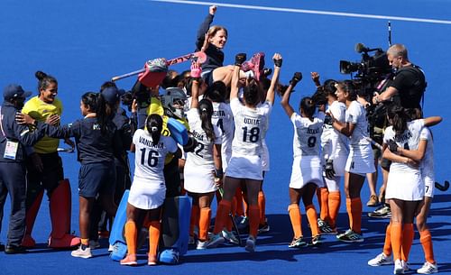 Indian Women's Hockey Team's celebartes their win on the 10th day of the Commonwealth Games