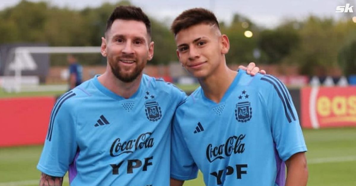 Claudio Echeverri poses for a picture with his idol Lionel Messi