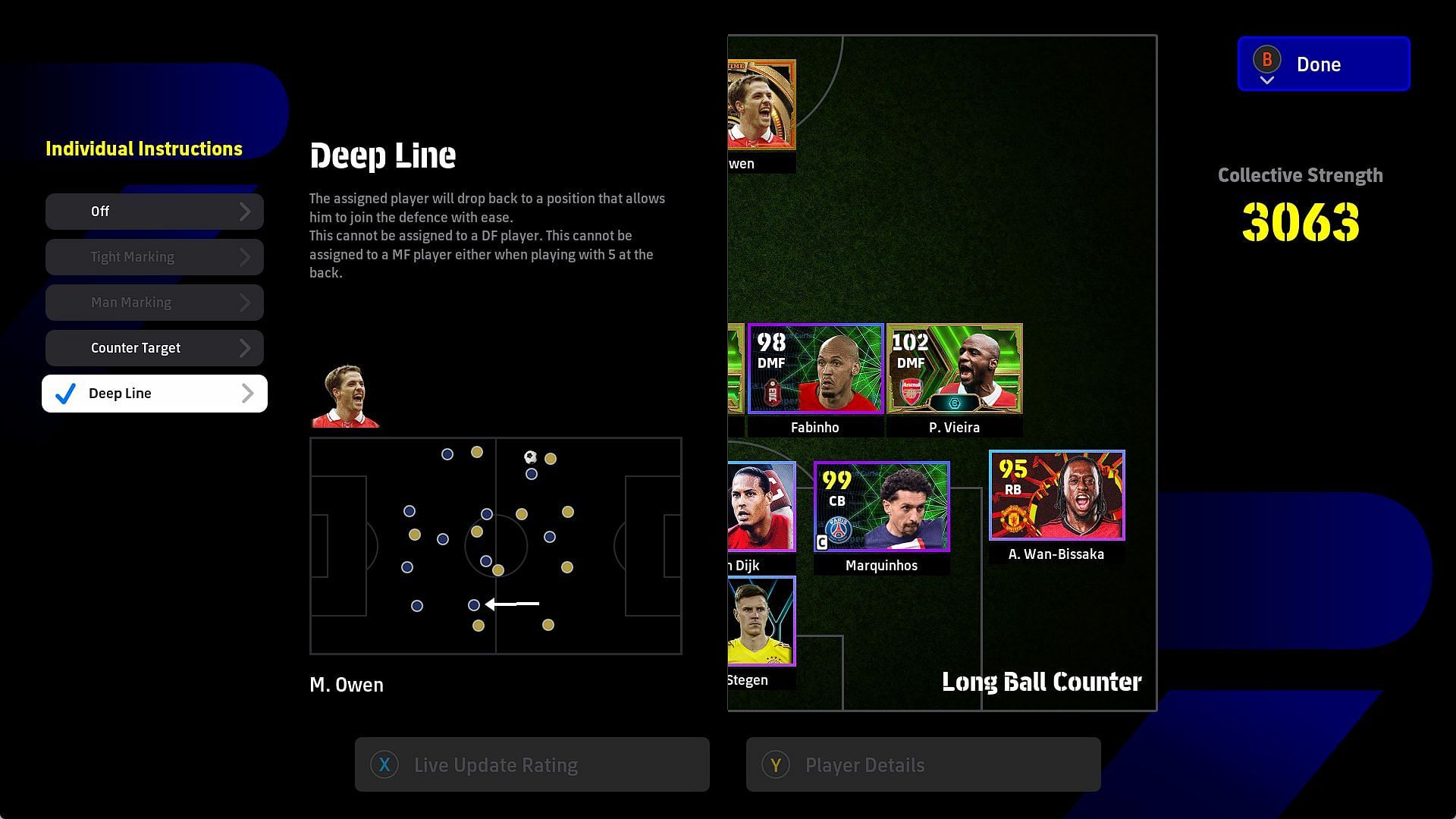 Michael Owen, the team's lone striker, given the 'Deep Line' individual instruction