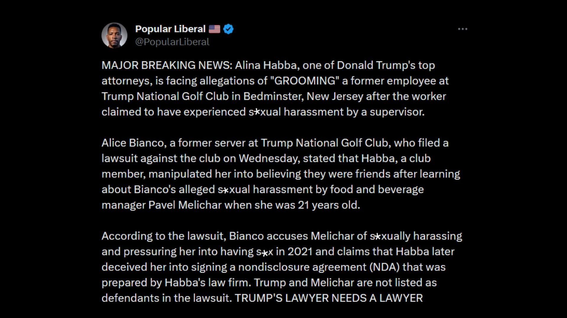 On November 29, 2023, Alice filed the lawsuit in Middlesex County Superior Court against the club in New Jersey. (Image via Twitter/@PopularLiberal)