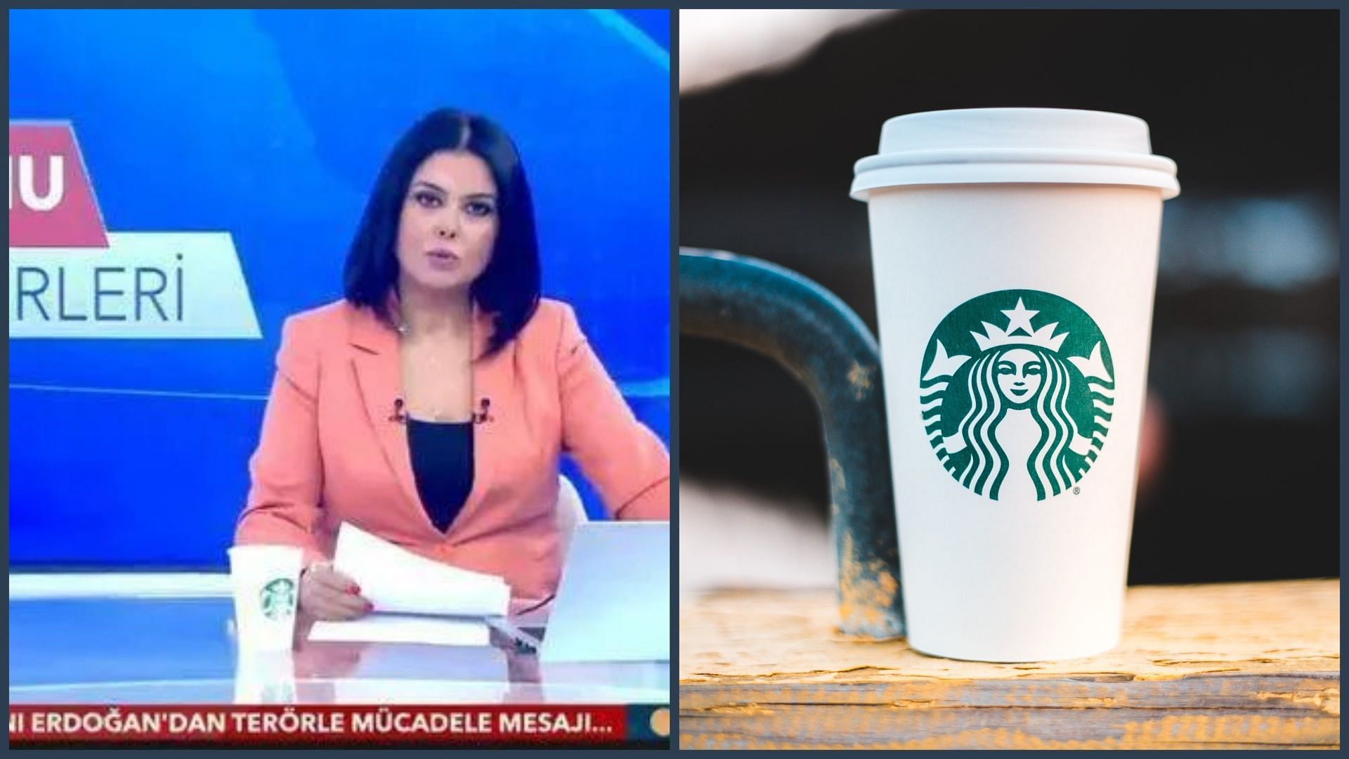 A Turkish news anchor was fired over a Starbucks cup (Image via X/@GeoPolitics52, Photo by Erik Mclean on Unsplash)