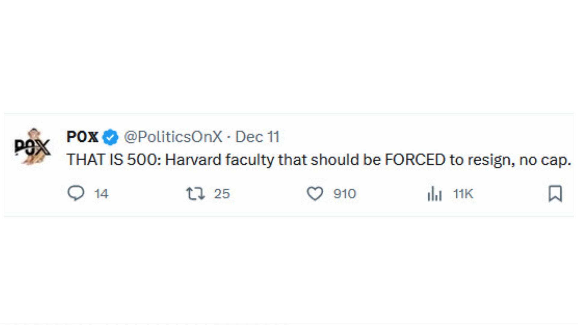 Social media users react as hundreds of Harvard faculties signed petition against Gay&#039;s removal (Image via X / @PoliticsOnX)