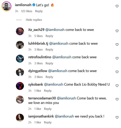 Screenshot of Lio Rush's Instagram reply to Carmelo Hayes