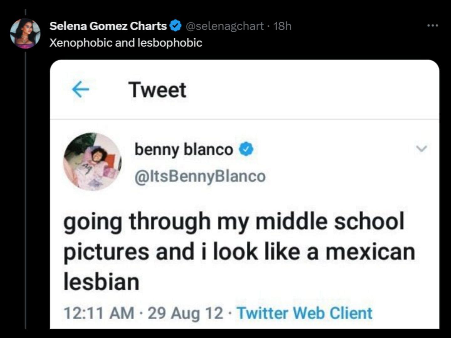 Blanco&#039;s apparent homophobia. (Image via X/@Selena Gomez Charts)