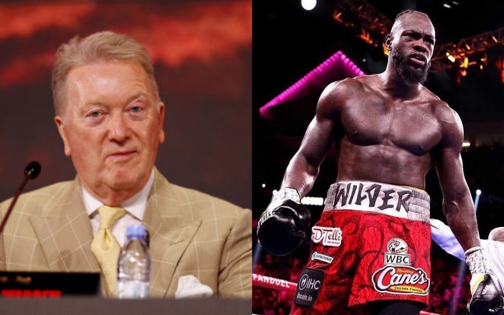 Frank Warren (left) claiming an injury for Deontay Wilder (right) [Photo Courtesy of Getty Images and @bronzebomber on Instagram]