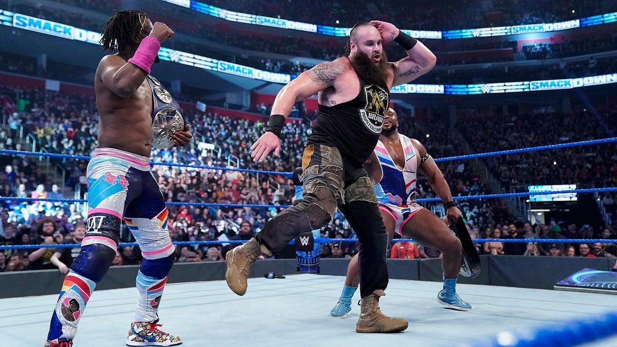 Kofi Kingston (left), Braun Strowman (center), and Big E (right)