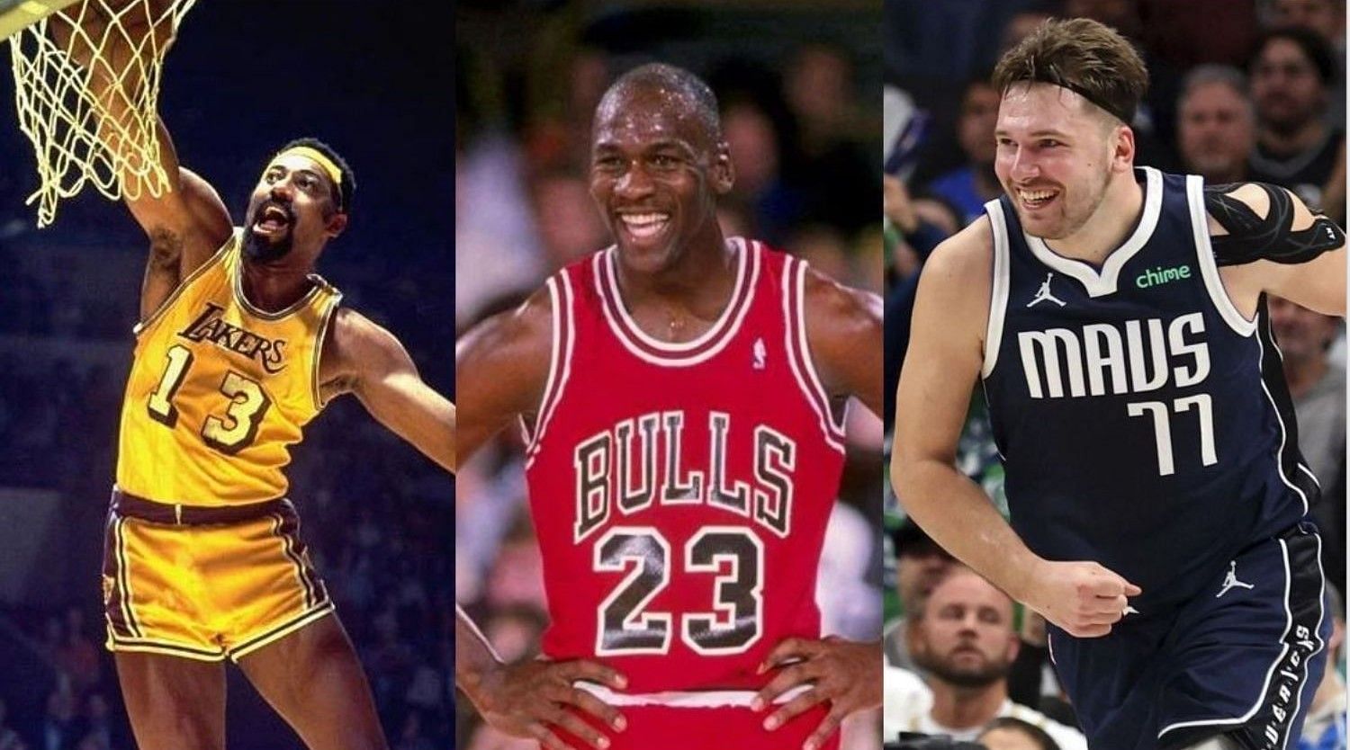 (From left) Wilt Chamberlain, Michael Jordan and Luka Doncic are among seven NBA players fastest to 10,000 career points.