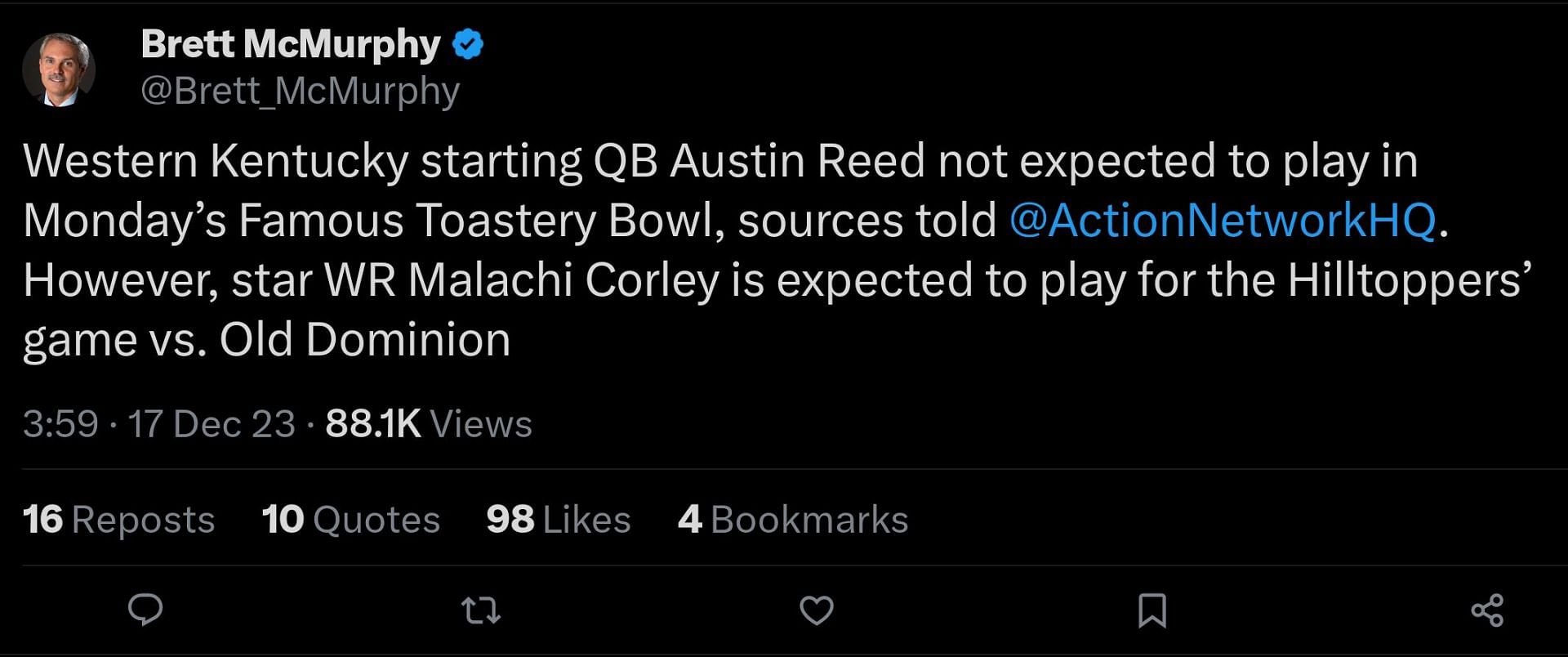 Tweet from Brett McMurphy regarding Austin Reed