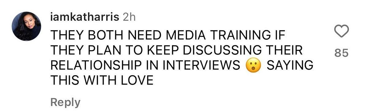 One user thinks the couple needs media training (Image via @iamkatharris on Instagram)