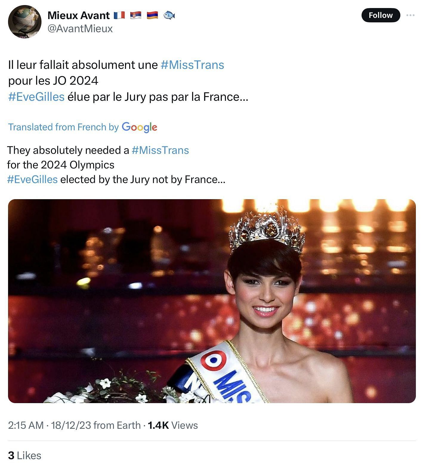 People of X voice their outrage against Eve Gilles&#039; crowning as Miss France 2024 (Image via @AvantMieux/X)