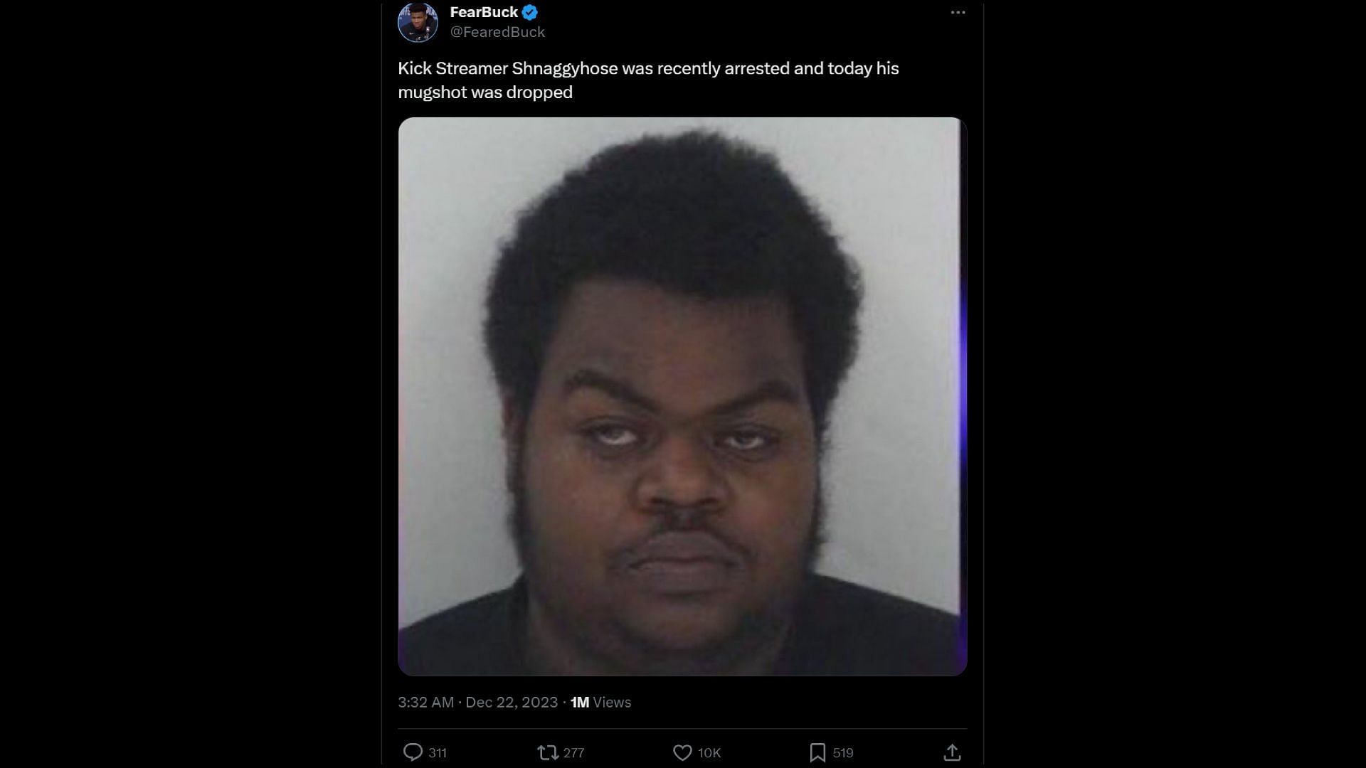 X user @@FearedBuck&#039;s recent tweet featuring the Kick streamer&#039;s alleged mugshot (Image via X)