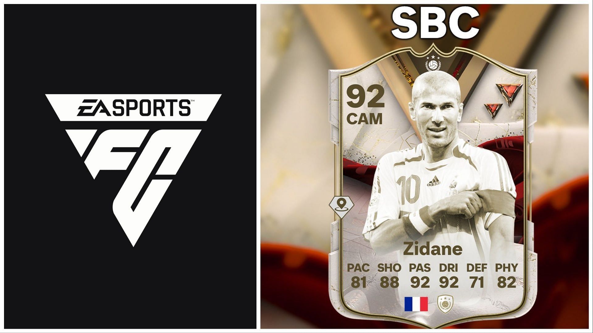 An SBC version of Zinedine Zidane has been leaked (Images via EA Sports and Twitter/FIFATradingRomania)