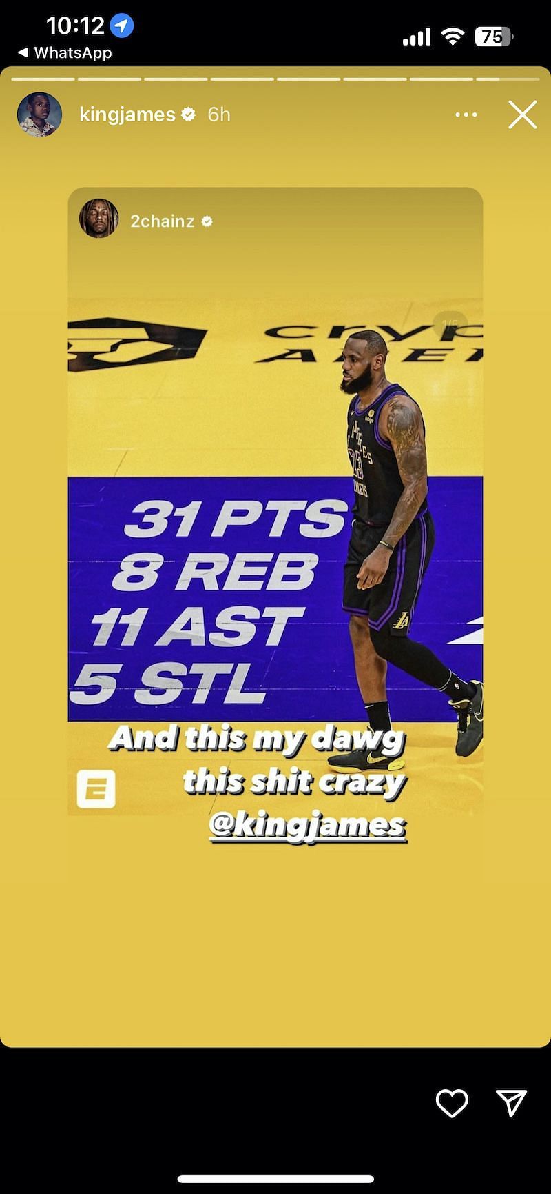 LeBron James IG story after the win.
