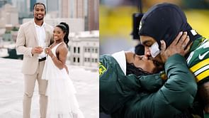 Simone Biles and husband Jonathan Owens share a kiss during Green Bay Packers' NFL clash vs Kansas City Chiefs