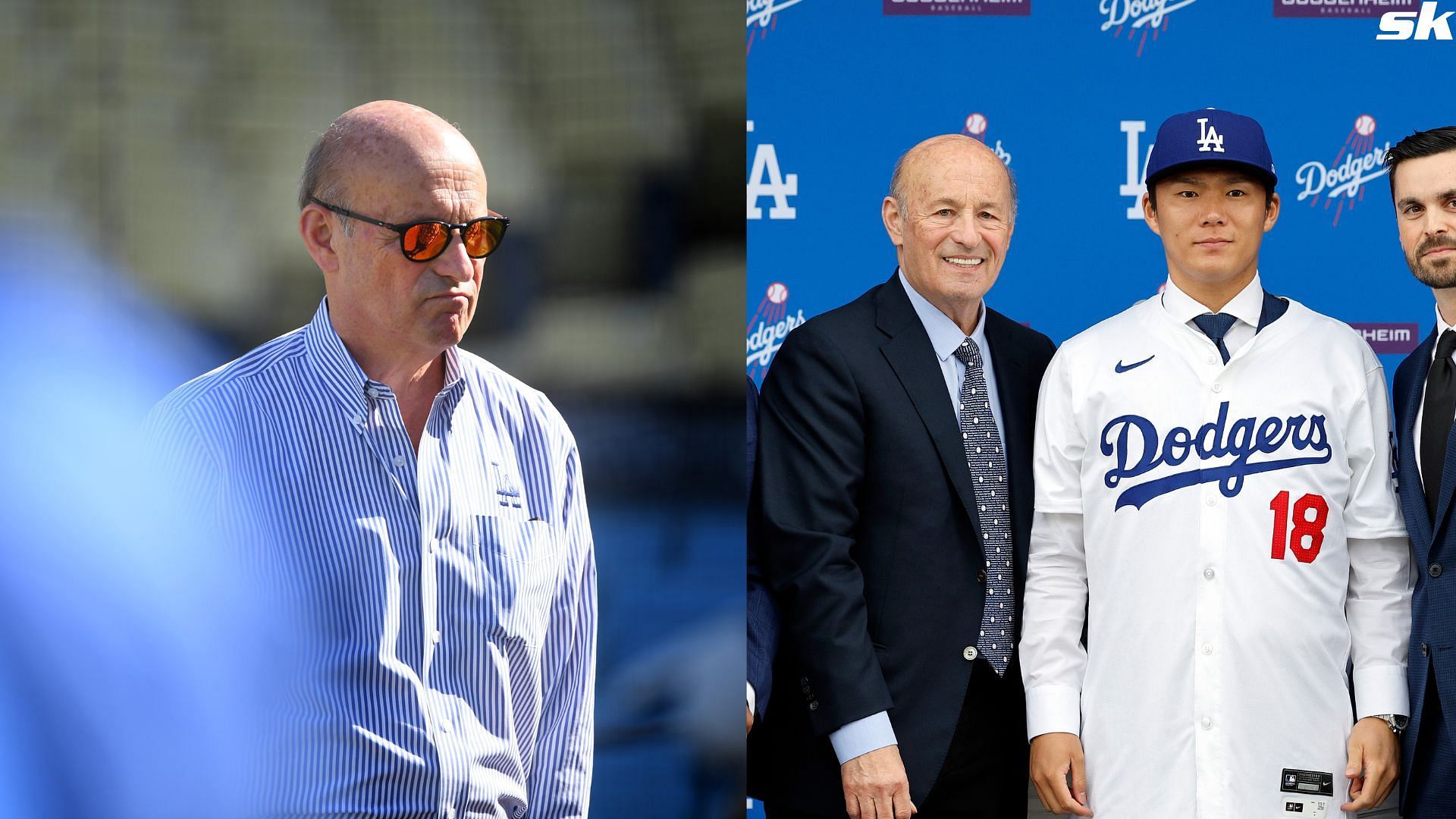 Stan Kasten and Yoshinobu Yamamoto pose for a photo during an introductory press conference at Dodger Stadium