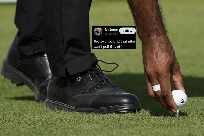 “Pretty shocking that Nike can’t pull this off” - Tiger Woods’ sponsors come under fire as golf fans react to him wearing FootJoys while playing