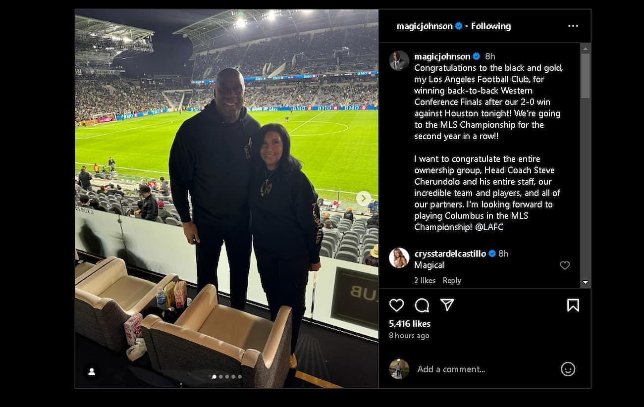 Magic with his wife Cookie Johnson with a view of the soccer pitch (Image via @magicjohnson)