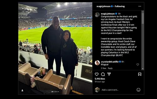 Magic with his wife Cookie Johnson with a view of the soccer pitch (Image via @magicjohnson)